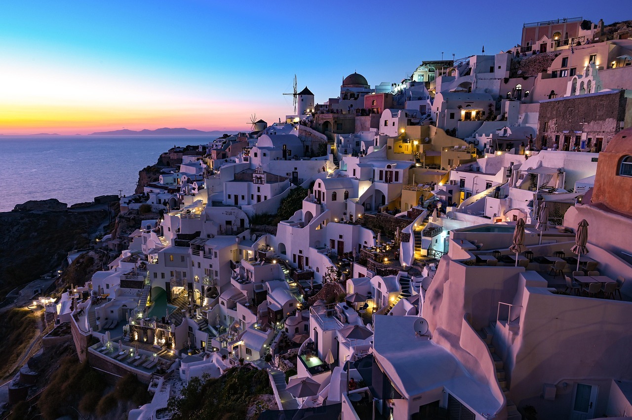 sunset, houses, greece, santorini, thira, island, scenery, ocean, nature, luxury, holiday, vacation
